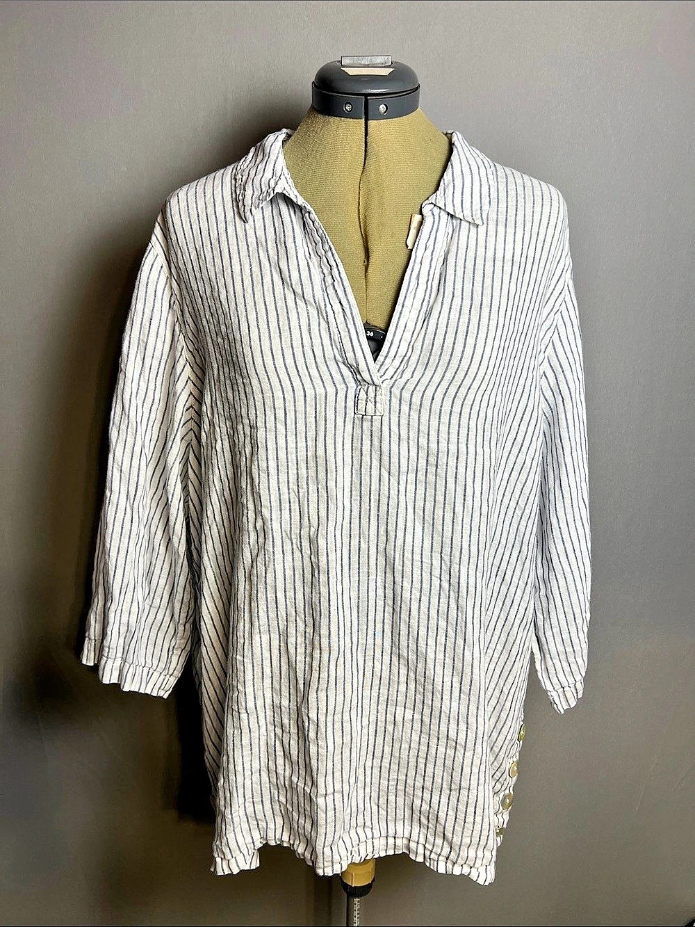 Sigrid Olsen Women's 1X 100% Linen Blue White Striped Tunic Side Buttons